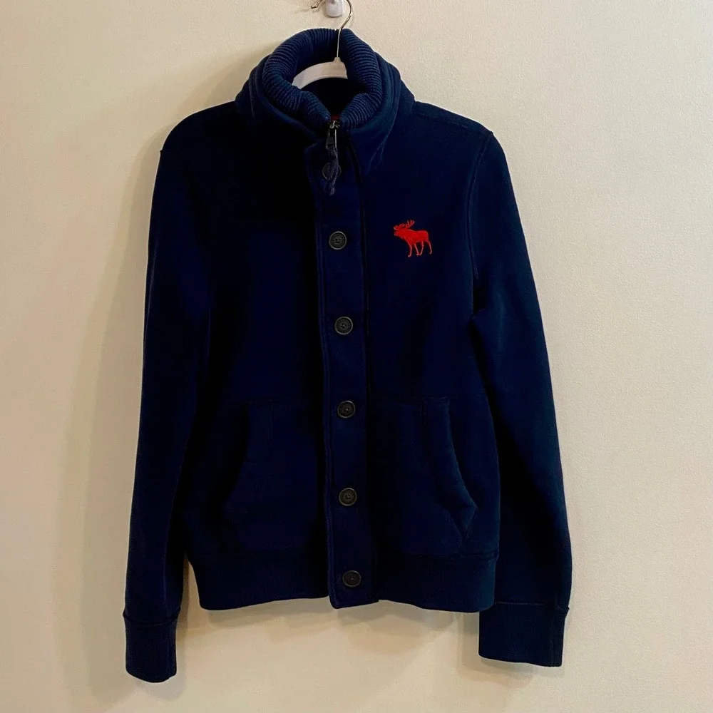 VTG Abercrombie & Fitch Jacket Mens M Navy Blue Red Fleece Lined Mock Neck Moose
